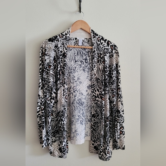 Chico's Sweaters - Chico's Lux Soft Animal Print Open Cardigan, Women's XL, Cream, Black & Brown